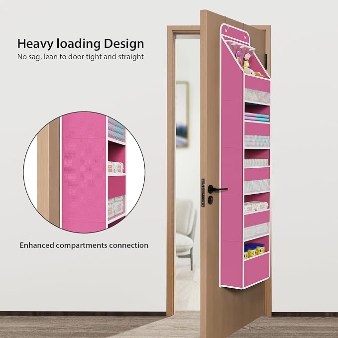 Univivi Fabric Over Door Hanging Organizer for Baby Nursery, Pink, 6-Shelf | Door Storage with Large Capacity Breathable Mesh Pockets, Over Door Storage Organizer for Baby Essential, Bedroom, and Dorm