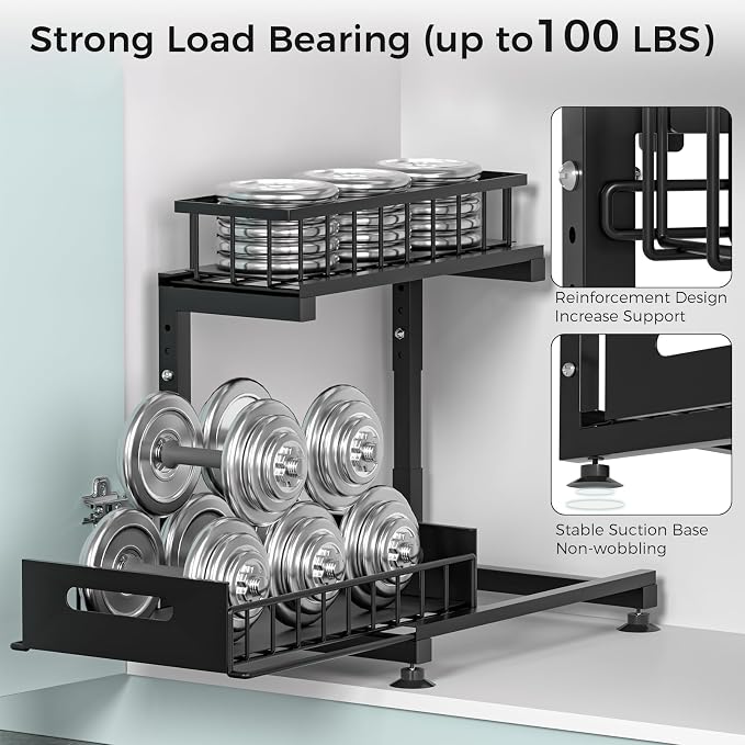 L-Shaped Under Sink Organizer, 2-Tier Pull-out Cabinet Rack 1-Pack | Black Height-Adjustable Metal Rack, Sliding Grid Drawers with Safety Stopper, Holds 100 Lbs, Ideal Kitchen Cabinet Storage