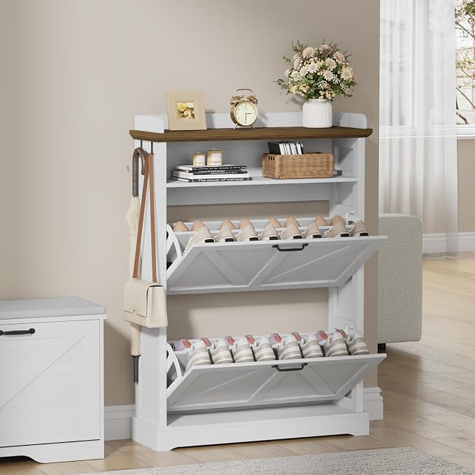Farmhouse Shoe Cabinet with 2 Flip Drawers & Open Storage, 31.5" W White | Freestanding shoe cabinet with flip drawers ,white design and space-saving storage for entryway,foyer & hallway.