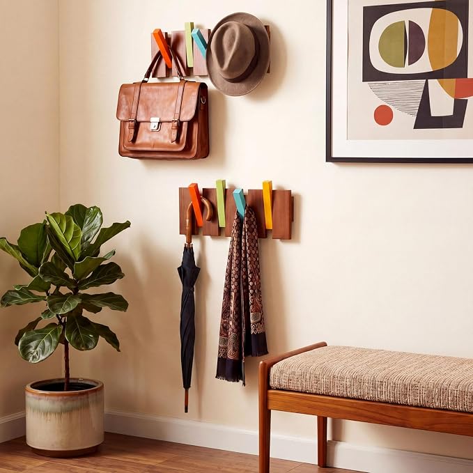 Youyole 2 Pcs 4 Hook Wooden Coat Hooks Wall Mounted Mid Century Modern Folding Coat Rack Hanger Heavy Duty Flip Down Piano Hat Rack for Hanging Coats Keys Hats Robe Towels Home