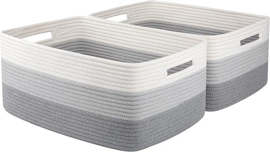 OIASKET Large Storage Basket for Organizing, Woven Rope Basket for Shelves, Closet Organizer Bins for Clothes, Blanket, Toys, Baby Nursery Storage, 17.7" x 13" x 7.87", 2 Packs Gradient Grey