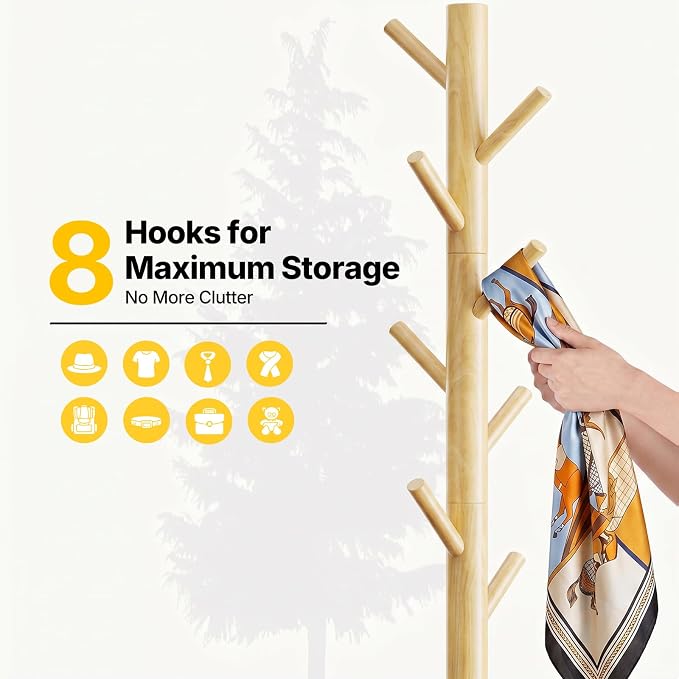 AMADA Solid Wooden Coat Rack Freestanding with 8 Hooks, Natural | 100% solid wood, 3 height options, widened base for stability, tool-free assembly, smooth rods & hooks prevent clothing snags