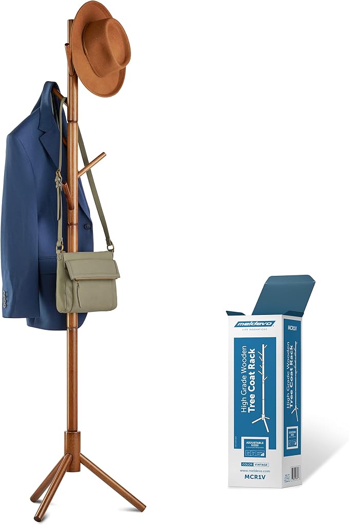 Wooden Tree Coat Rack Stand, 6 Hooks - 3 Adjustable Sizes Free Standing Coat Rack, Hallway/Entryway Coat Hanger Stand for Clothes, Suits, Accessories