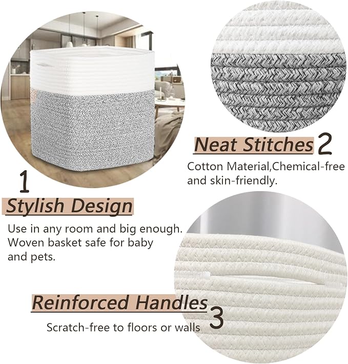COMFY-HOMI 3PACK Cotton Rope Square Basket with Handles for Shelves|Dog Toy Bin and Storage|Baby Gift|Shoe Organizer|New 11" x 11" x 11" for Living Room