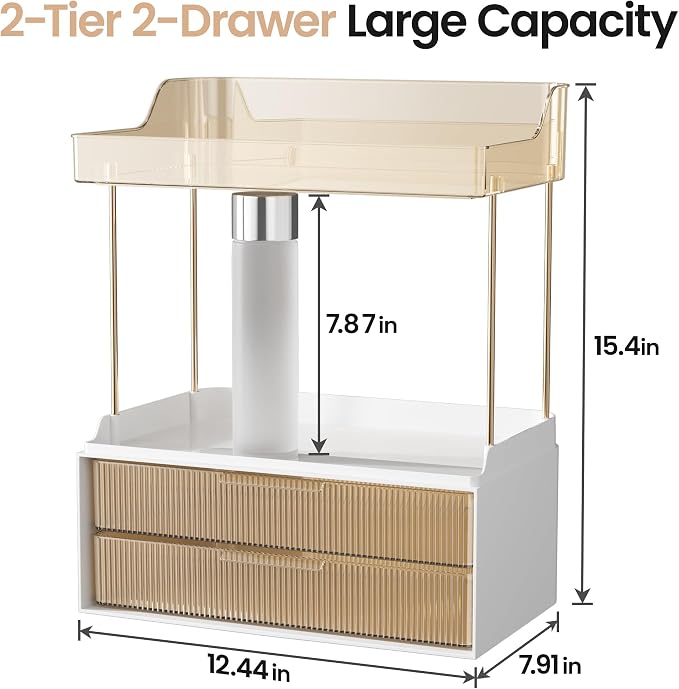 Delamu Bathroom Organizers and Storage, 2 Tier 2 Drawer Makeup Organizer Countertop, Easy to Install, Ideal for Bathroom Counter, Vanity, Ideal Gifts for Women Girls, Amber