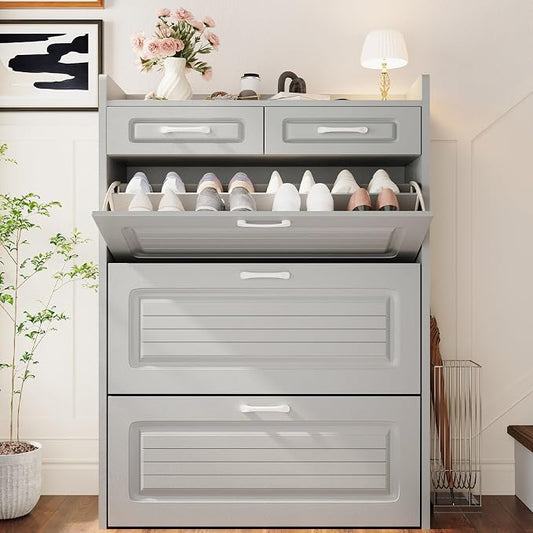 ODUWA Shoe Cabinet with 3 Flip Drawers and 2 Storage Drawers, Shoes Organizer Cabinets with Adjustable Divider, Hidden Shoe Storage Cabinet for Entryway, Hallway, Living Room, Light Grey