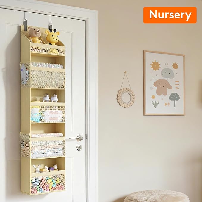 Lifewit 5 Tier Over the Door Diaper Organizer for Nursery, Large Heavy Duty Hanging Storage with 4 Mesh Side Pockets, Sturdy Back of Door Shelf for Baby Stuff Toy in Pantry, Laundry, Bathroom, Beige