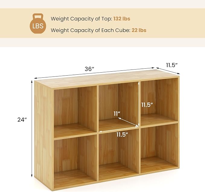 Giantex 6-Cube Bookcase, 3-Tier Cubby Bookshelf, Burlywood | Horizontal Vertical Display Rack with Anti-Tipping Kits, Modern Storage Organizer Shelf Unit for Living Room, Home Office