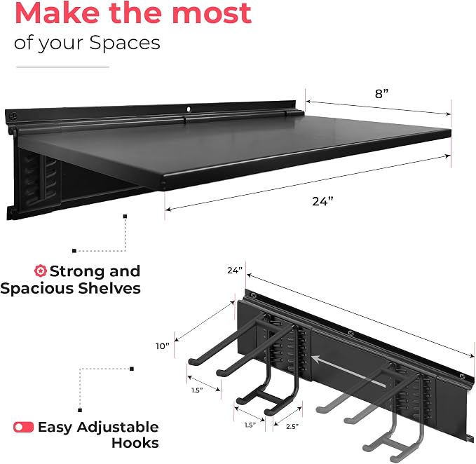 TIDYME Garage Tool Organizer Wall Mount 96", 2 Shelves & 6 Double Hooks | 2x24 in floating shelves hold 120 lbs each, 6x10 in double-layer hooks, anti-rust carbon steel, garage organization