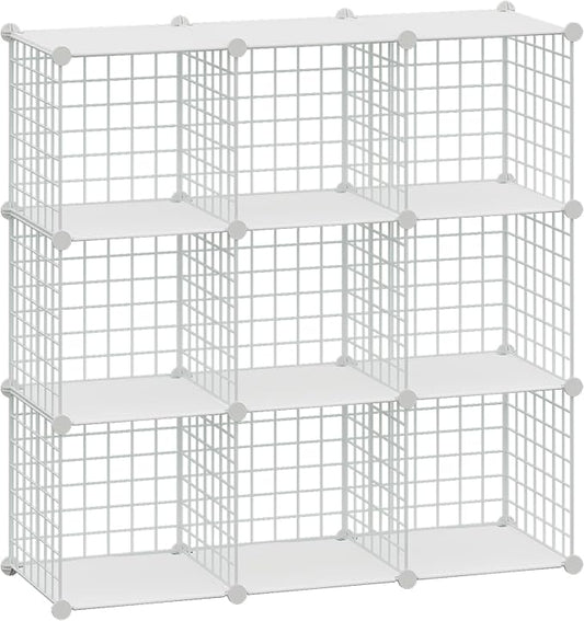 HUBSON Wire Cube Storage Organizer, Book/Toy/Craft/Potted Plants and petCloset Organizers and Storage Shelves, 9-Cube Freely Combinable Metal Grids Storage Shelf,White Plus Iron