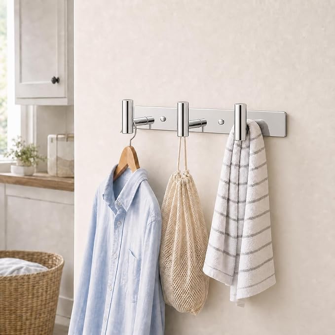Wall Mounted Coat Rack-3 Hooks, Heavy Duty Stainless Steel Wall Hooks for Towel Coat Bag, Hat Rack Hanger Coat Hooks Towel Racks for Bathroom Entryway Kitchen Hotel (Glossy Chrome, 1 Pack)