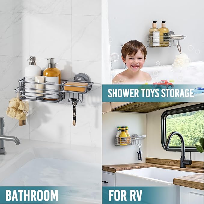 TAILI Shower Caddy Suction Cup with Hooks & Soap Holder | Heavy Duty Shower Organizer, No Drilling Shower Shelves for Inside Bathroom, Metal Storage Holder, Grey