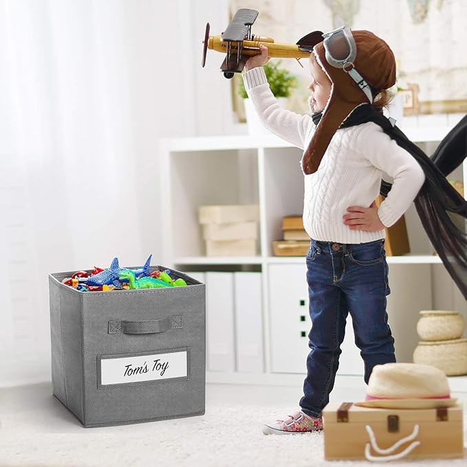 13x13x13 storage cube bins (Set of 10) Fabric storage cubes with 10 Labels Window Cards & a Pen, storage cubes 13x13, Collapsible 13 inch cube storage bins, Cubby Organizer Boxes, Gray