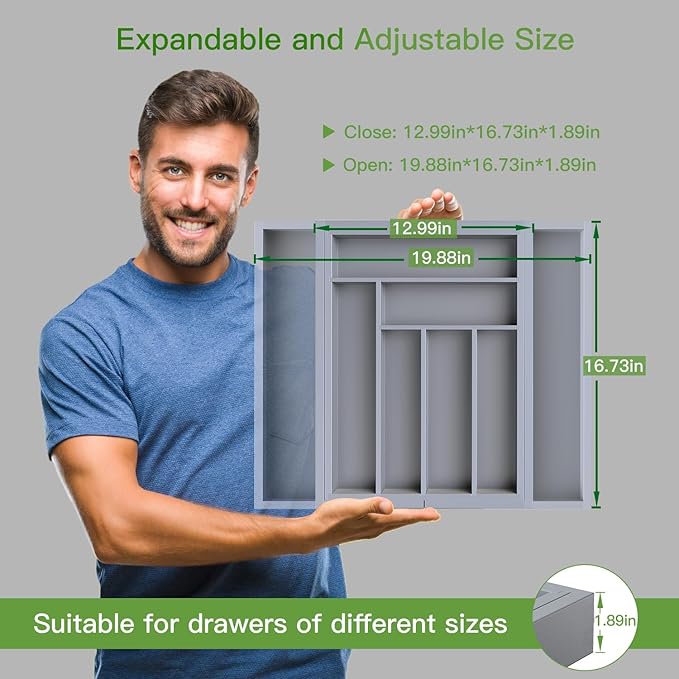 Pipishell Bamboo Expandable Drawer Organizer for Utensils Holder, Adjustable Cutlery Tray, Wood Drawer Dividers Organizer for Silverware, Flatware, Knives in Kitchen, Bedroom, Living Room(Grey)