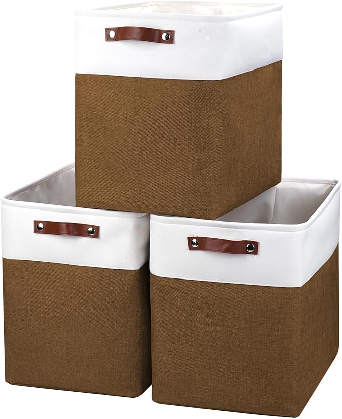 Bagnizer Large Fabric Storage Baskets | 50L Storage Bins, Decorative Linen Closet Baskets with Handles for Organizing, Shelf, Toys, Clothes, Home, Office, Nursery, 17x12x15Inches (Brown&White)