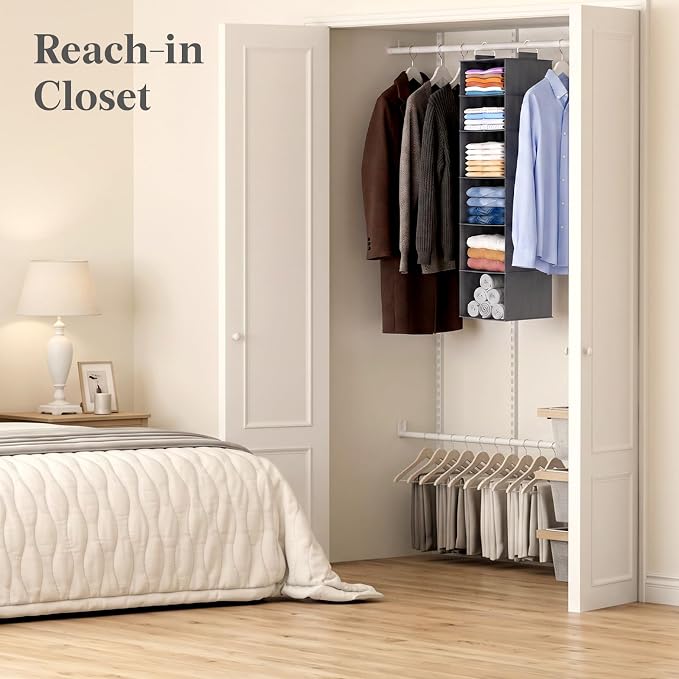 Lifewit 6 Tier Hanging Portable Closet Storage Organizer for Shelves, Beige | Foldable Clothes Shelf with 2 Sturdy Hooks, Sweater/Coat/Shoes Clothing Organization for Wardrobe, Dorm, Bedroom