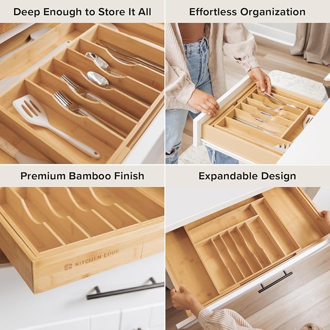 KitchenEdge Silverware & Utensil Drawer Organizer, 18-33 in, Bamboo | Cutlery, flatware, food-safe contract grade, kitchen drawer fit