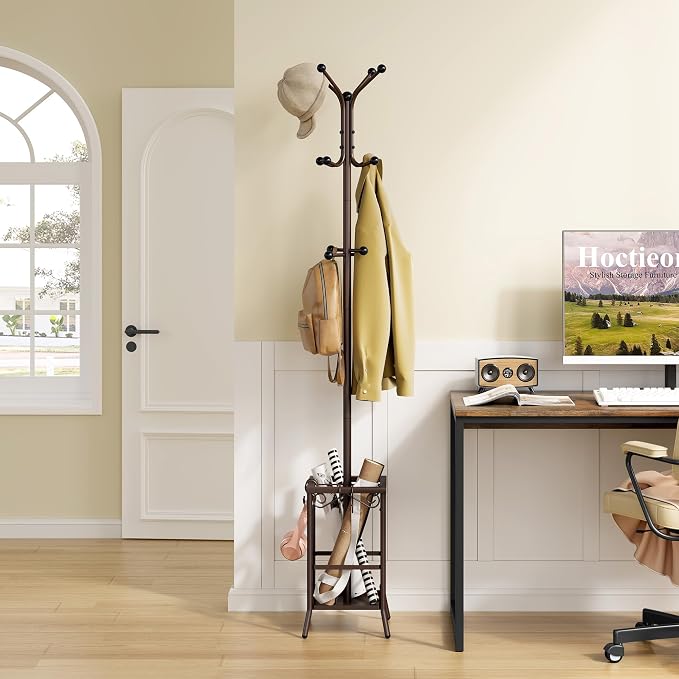Hoctieon Coat Rack Freestanding, Coat Tree with Umbrella Holder | Metal Coat Rack Stand with 12 Hooks, Standing Coat Hanger Stand, Umbrella Stand for Entryway, Hat Rack Stand for Home Office
