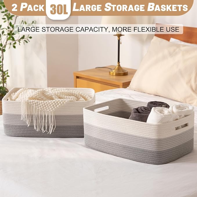 OIASKET Large Storage Basket for Organizing, Woven Rope Basket for Shelves, Closet Organizer Bins for Clothes, Blanket, Toys, Baby Nursery Storage, 17.7" x 13" x 7.87", 2 Packs Gradient Grey