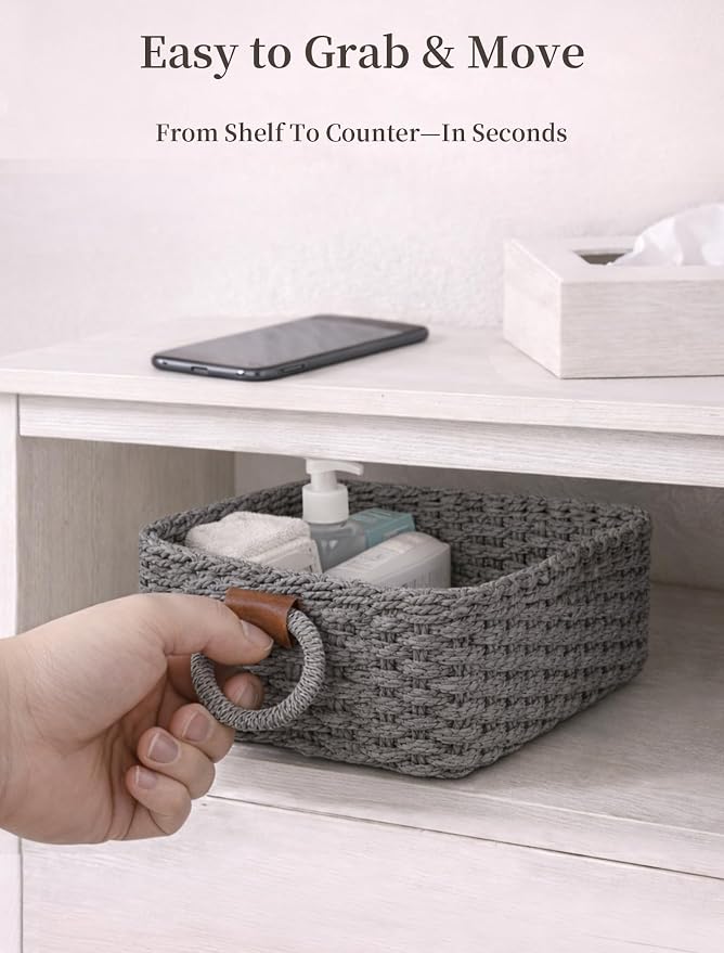 Small Wicker Baskets, 3 PCS Paper Rope Baskets for Shelves, Gray | Recycled Small Baskets, 3 Sizes Woven Baskets for Organizing, Decorative Storage Baskets for Bedroom and Bathroom