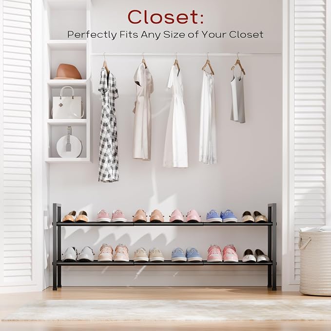 Bumusty 2 Tier Long Expandable Shoe Rack for Closet, Black | 18"-44" Adjustable Shoe Rack for Entryway, Shoe Organizer for Dorm, Front Door, Sturdy Metal
