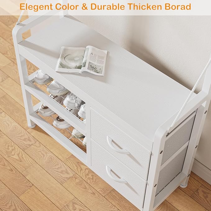 Hall Tree with Bench and Shoe Storage, 31.5” Coat Rack Freestanding | White, 5 in 1 Intelligent Design, 17 Hooks, 2 Drawers, Handy Clothes Rail