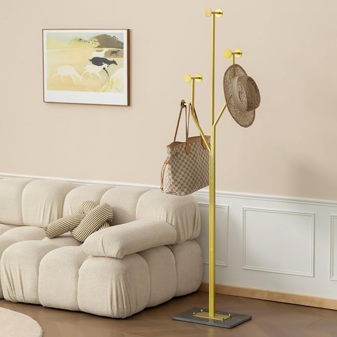 JIAYUEJU Freestanding Coat Rack Coat tree for Entryway Bedroom (Gold) | Tree-shaped, Easy Assembly, Space Saver, Heavy Duty, Metal Frame, Marble Base, 8 Hooks, Living Room, Office, Corner