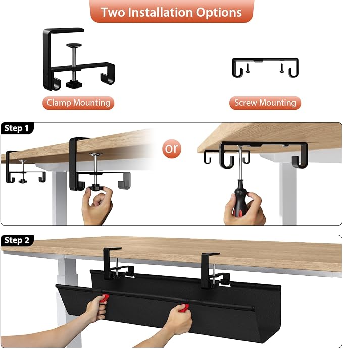 Univivi No Drill Under Desk Cable Management Tray, 28 inch Cable Management | Clamp/Screw Mount Cable Tray under desk, Premium Fabric Cord 0rganizer for Desk, Various Size Cord Organizer for Office, Home