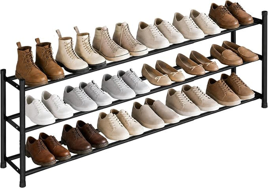 STORAGE MANIAC Long Expandable Shoe Rack, 18 Pairs Metal Wide Stackable Shoe Rack, Adjustable Shoes Shelf, Freestanding Shoes Organizer for Closet, Entryway, Hallway, Garage, Front Door, 3 Tiers