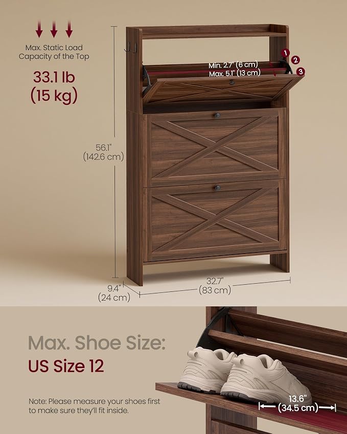 VASAGLE Shoe Storage Cabinet Organizer with 3 Flip Drawers, Freestanding Narrow Shoe Rack Cabinet for Entryway, Farmhouse Style, Fits 14 to 16 Pairs, Chestnut Walnut UHSC303KX01