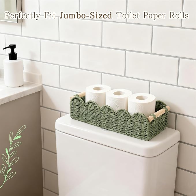 Paper Rope Storage Basket Set of 2 with Wooden Handles - Scalloped Toilet Paper Organizer, Cute & Functional Home Decor for Bathroom or Living Room (Green)
