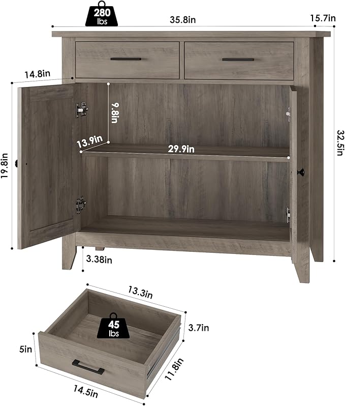 HORSTORS Farmhouse Kitchen Storage Cabinet, Small Buffet, Coffee Bar, Grey | Buffet Sideboard with 2 Drawers & 2 Doors, 35.8"W Coffee Table, Sapce-saving Kitchen Cabinet for Dining Living Room, Entryway