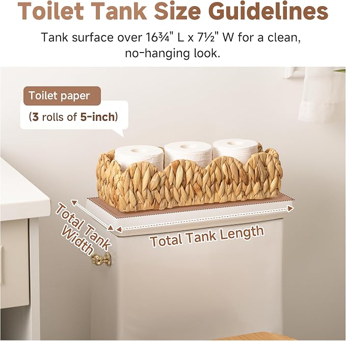 StorageWorks Small Scalloped Baskets for Decor, Wicker Toilet Paper Basket | Water Hyacinth Back of Toilet Basket Tank Topper, Decorative Bathroom Baskets for Organizing and Storage, 2 Pack
