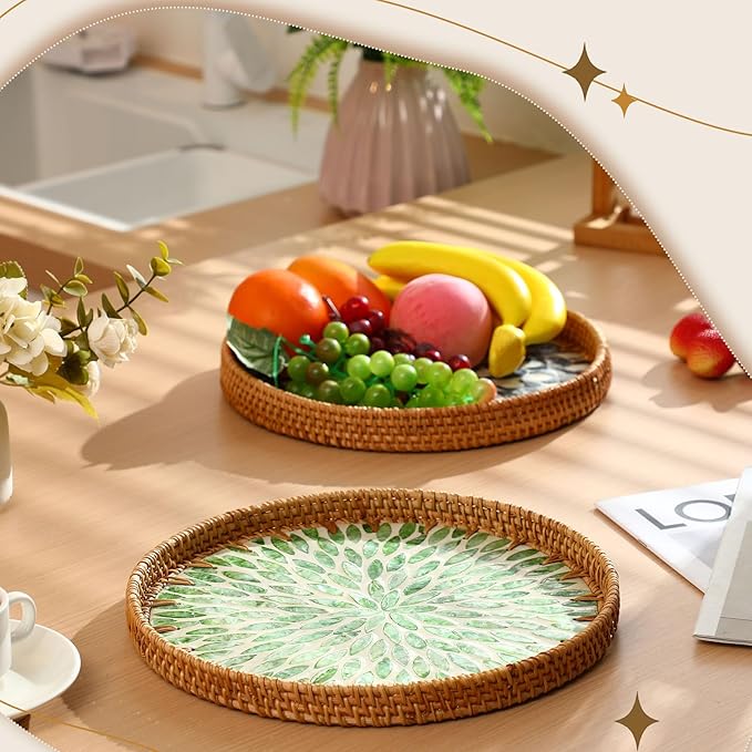 3 Pcs Round Rattan Tray with Mother of Pearl Inlay Wicker Serving Tray with Wooden Base Boho Decorative Wicker Basket for Table Decor Bathroom Candle Perfume(Classic Style)