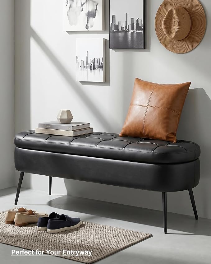 Storage Ottoman Bench, 43.7" PU Leather End of Bed Bench Black | Bench with Large Hidden Storage, Tufted Upholstered Seat, Metal Legs, Mid-Century Modern, For Bedroom, Entryway, Living Room