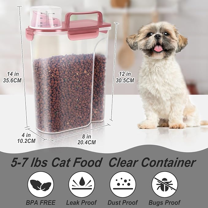 LEAWALK 5-7Lbs/6Qt Dog Cat Storage Container Portable with Upgraded Large Spout and Cup, Plastic Pet Food Dispenser for Small Animal Kibble, Bird Seed, Oatmeal, Rice, Flour, Brown Sugart- Clear pink