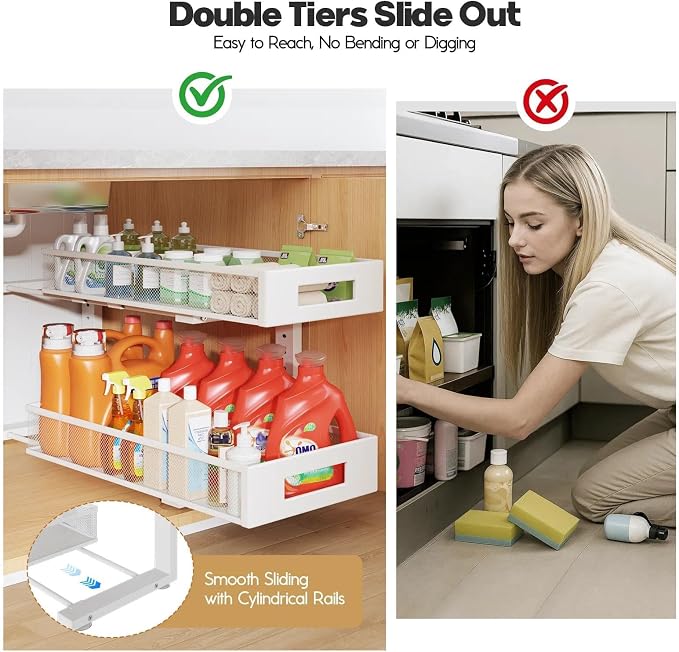 2 Packs 21IN Depth Under Sink Organizer, 2-Tier Pull Out Cabinet Organizer With Smooth Circular Rail, Large Capacity Metal Mesh Sliding Drawers For Bathroom& Kitchen Storage,Height Adjustable –White