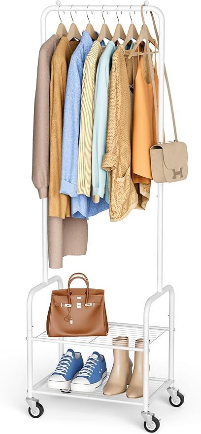 AOODA Small Clothes Rack with Shelves, Metal Sturdy Rolling Clothing Racks for Hanging Clothes, Portable Garment Rack with Wheels for Shirts, Coats, Shoes, Bags (White)