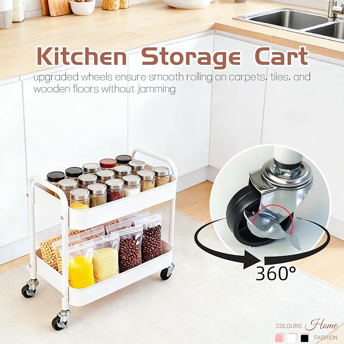 2 Pack Two Tier Rolling Cart with Wheels Small Pantry Floor Organizer Under Desk Storage Metal Short Utility Cart for Small Space, Kitchen Shelf Laundry Room Bathroom Organization, White