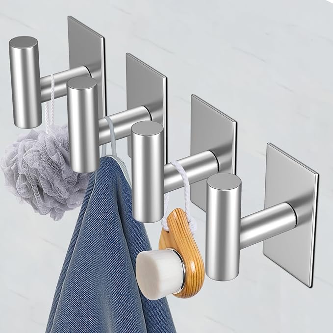VAEHOLD Wall Towel Hooks, Heavy Duty Sticky Holder Waterproof Towel Hooks for Hanging Coat, Clothes, Closet Hook Wall Mount for Kitchen (Silver, 6 Pack)