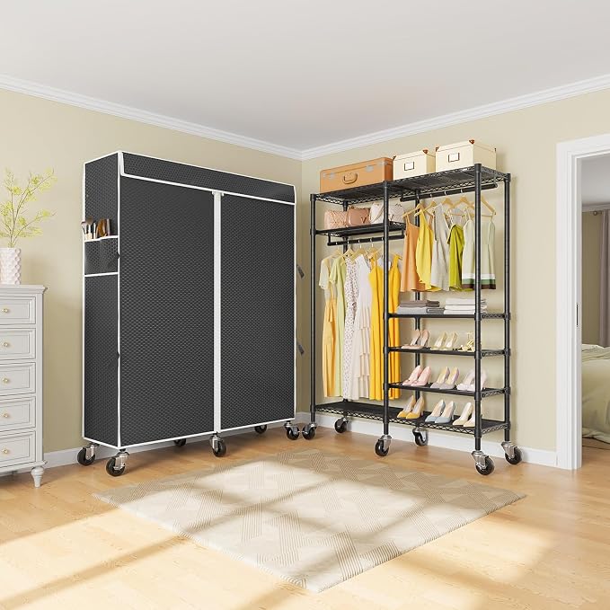 VIPEK R4C Portable Closet Rolling Clothes Rack with Wheels & Zippered Cover | Black Upgraded Fabric Cover, Lockable Wheels, 4 Adjustable Shelves, 2 Hanging Rods, Metal Porable Garment Rack for Bedroom