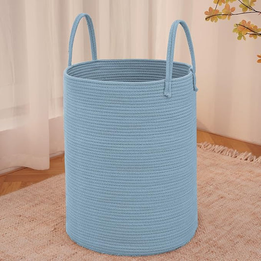 JMvicyroam 80L Cotton Rope Laundry Basket Hamper, Blue | Collapsible laundry basket, reinforced handles, freestanding, machine washable, holds 3-5 thick blankets, clothes or toys