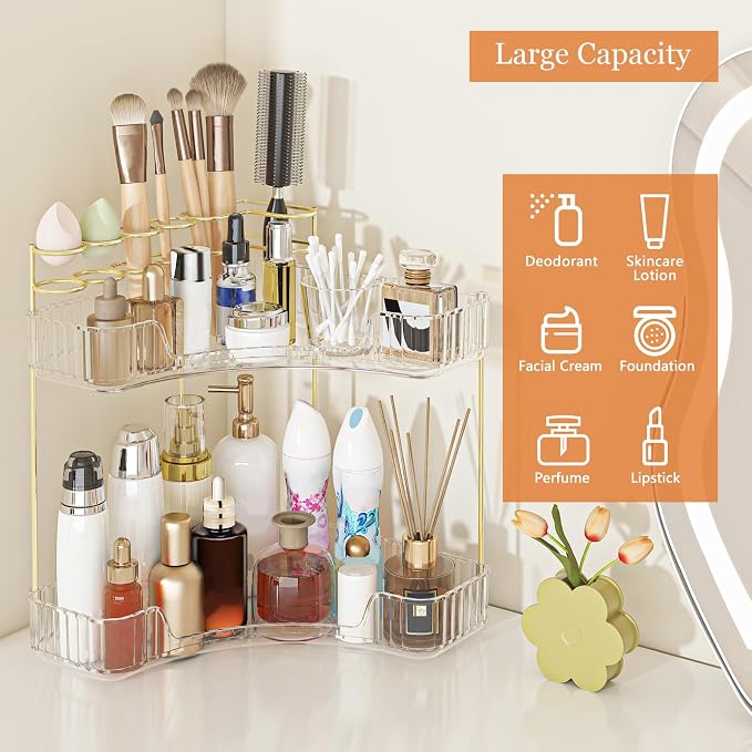 Webetop Corner Makeup Organizer 2 Tier Bathroom Storage with Brush Holder | Space-saving Corner Fit, Clear Acrylic Construction, Detachable Brush Slots, Non-Slip Base, Easy-access Tiered Design