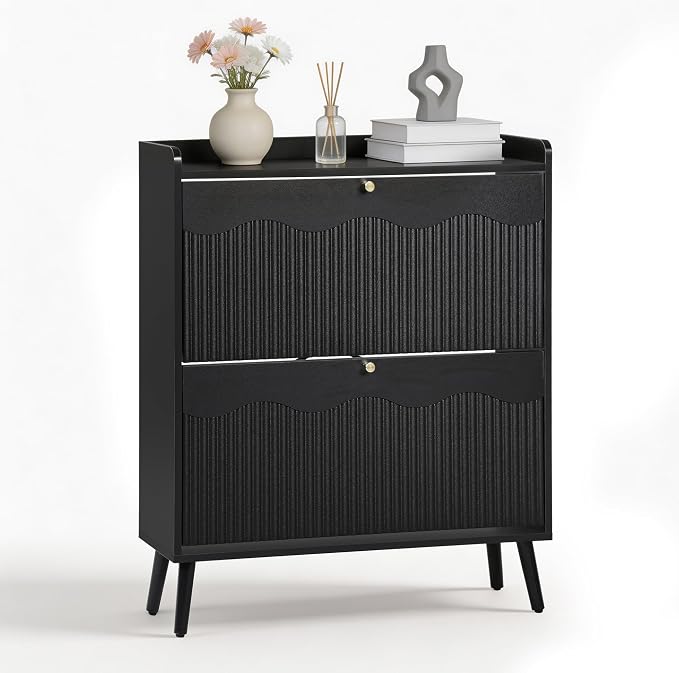 BERRYMERRY 31.5” Black Fluted Shoe Cabinet Storage with 2 Flip Drawers | narrow,entryway,adjustable feet,32 pairs shoe,shoe organize,hidden shoe rack,fluted panel,wave pattern,wood,space saving