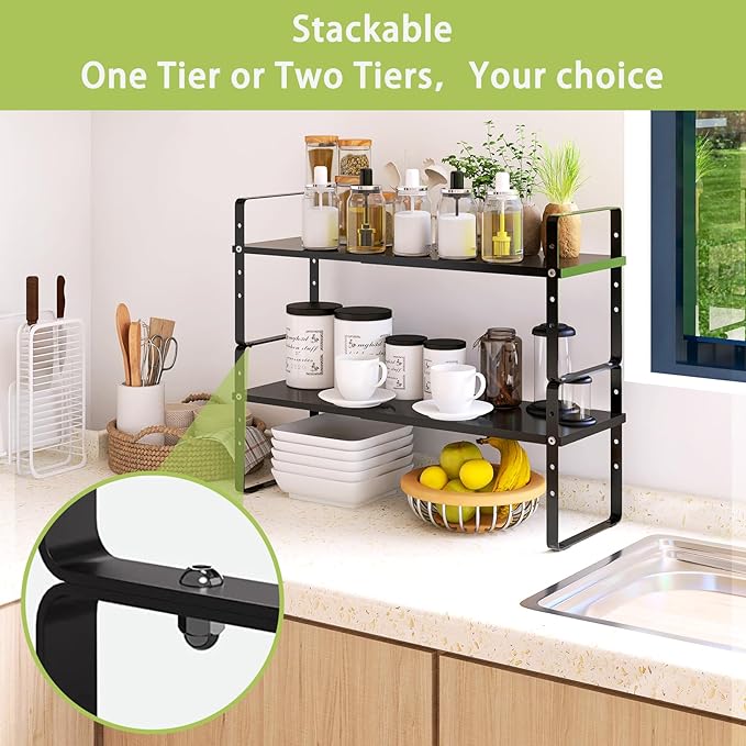 Across-Star Expandable Cabinet Shelf Organizer Rack, Stackable Kitchen Counter Storage Shelves Stand, Adjustable Height Pantry Shelf Spice Rack