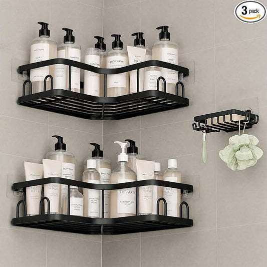 Veken Corner Shower Caddy 3-Pack, Advanced Rustproof Design&Stable Storage | No Drilling Adhesive Shelves, Rack with Soap Holder & Hooks, Thickened Metal Frame, Bathroom Organizers and Storage, Blac