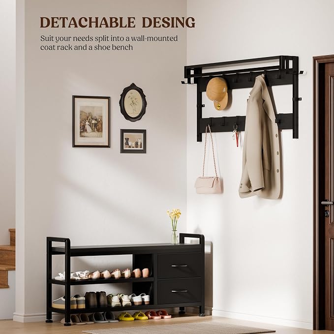Coat Rack, 39.4” Hall Tree with Shoe Storage Bench, Black | 5 in 1 Entryway Furniture Organizer, 21 Hooks, 2 Fabric Drawers, Handy Clothes Rail