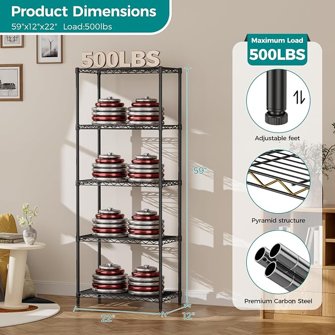 SINGAYE 5 Metal Shelves Wire Shelving Storage Shelf Adjustable Unit Pantry | 5 Tier Kitchen Laundry Room Organization Home Pantry Closet Bathroom Organizers Garage Rack 12" D x 22" W x 59" H Black