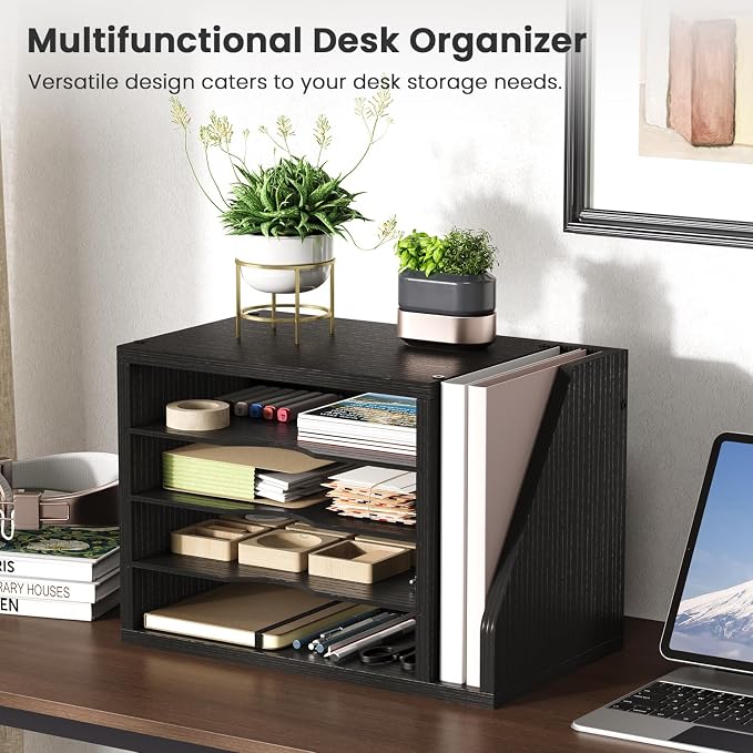 Wooden Mail Organizer, Desk Organizer with 3 Adjustable Shelves | Mail Sorter, File Organizer Desktop, Mail Holder for Home Office, Letter Sorter for Envelopes, Bills, Magazines, Black