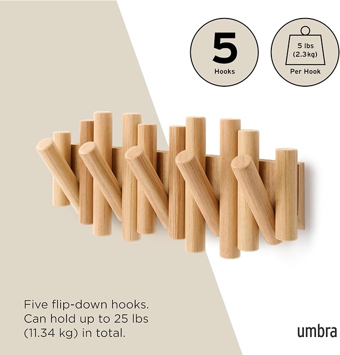 Umbra Picket Coat Rack, Wall Mount 5 Flip-Down Coat Hooks, Natural | Beveled pine wood dowels, supports up to 5 lbs, mounting hardware included, space saving